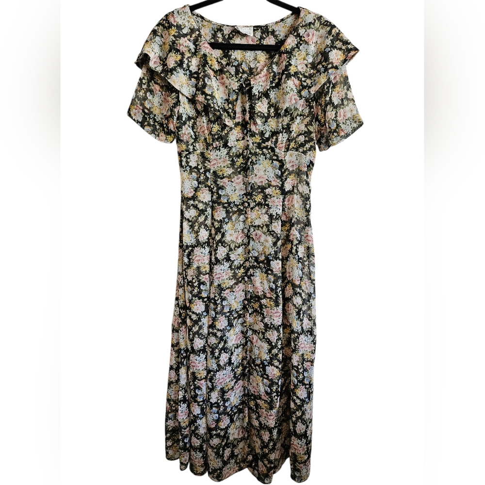 Vintage Moda  Y2k Floral Ruffle Sleeve Button Down Dress Size Large.